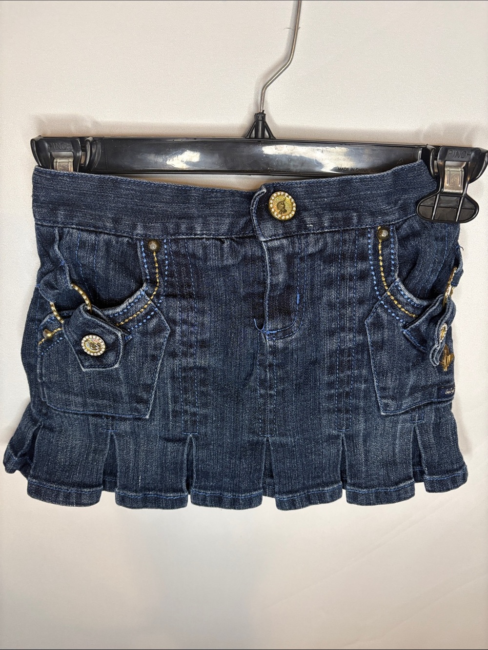 Baby Phat Dark Blue Denim Pleated Mini Skirt with Gold Accents and Rhinestones-6